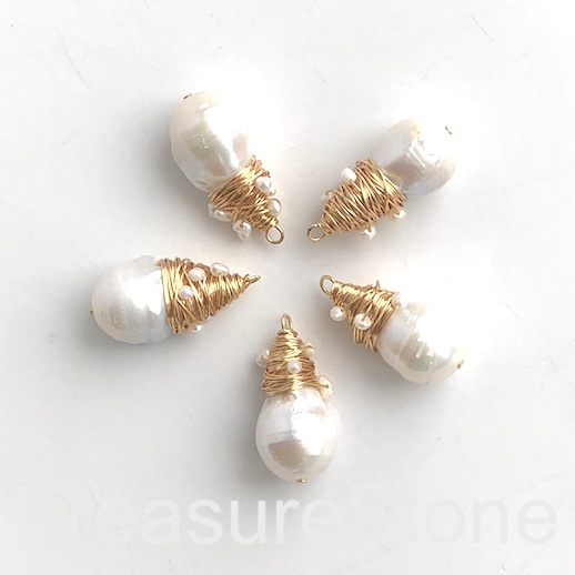Pendant, fresh water pearl, about 12x40mm, gold wrapped drop. Ea