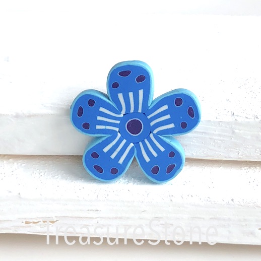 Pendant, Polymer Clay, blue, 34mm flower, each