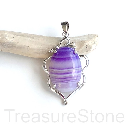 Pendant, purple lined agate, dyed, 26x37mm, silver frame. each