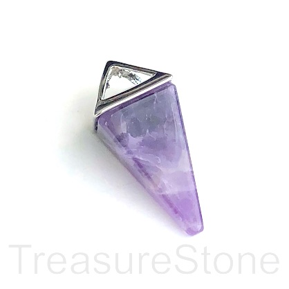 Pendant, amethyst, silver coloured top, 14x34mm Pyramid. Each - Click Image to Close