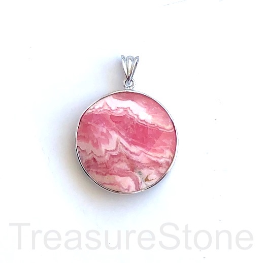 Pendant, Rhodochrosite, 27mm faceted round, sterling silver. Ea