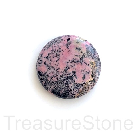 Pendant, Rhodonite, 40mm coin. Sold individually.