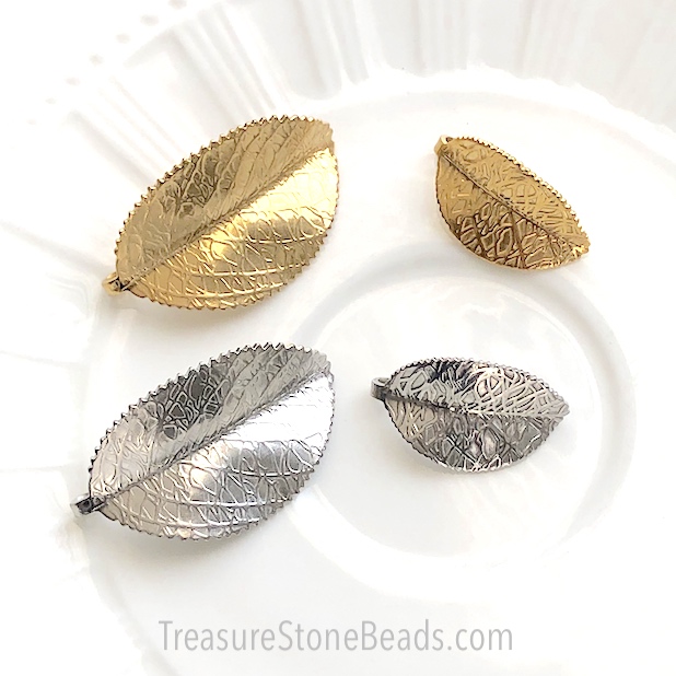 Pendant, stainless steel, gold plated, 42x26mm 3D leaf. Each - Click Image to Close