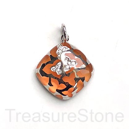 Pendant, sterling silver, pave, orange glass, 28mm. each