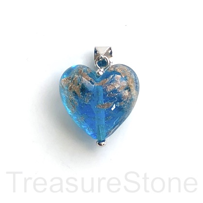 Pendant, sterling silver, blue lampwork glass heart, 28mm. ea