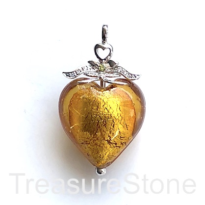 Pendant, sterling silver, gold lampwork glass heart, 28mm. ea