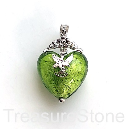 Pendant, sterling silver, green glass heart with eagle, 28mm. ea