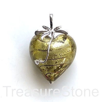 Pendant,sterling silver,olive green lampwork glass heart,28mm.ea