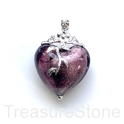 Pendant, sterling silver, purple lampwork glass heart, 28mm. ea