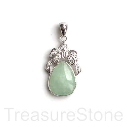 Pendant, jade, sterling silver pave, 16x25mm. ea