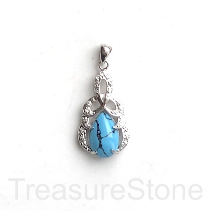 Pendant, synthetic turquoise, sterling silver pave, 15x25mm. ea