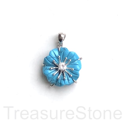 Pendant, synthetic turquoise, sterling silver, 19mm flower. each