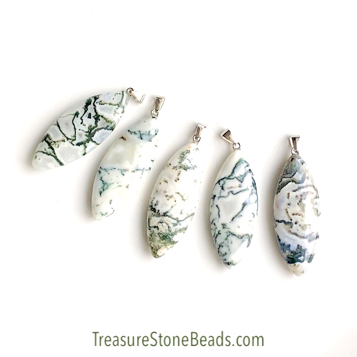 Pendant, tree agate, silver bail, 20x53mm marquise. Each - Click Image to Close