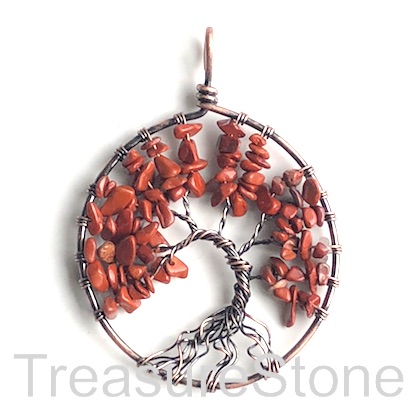 Pendant, red jasper. 50x54mm Tree of Life. Sold individually.