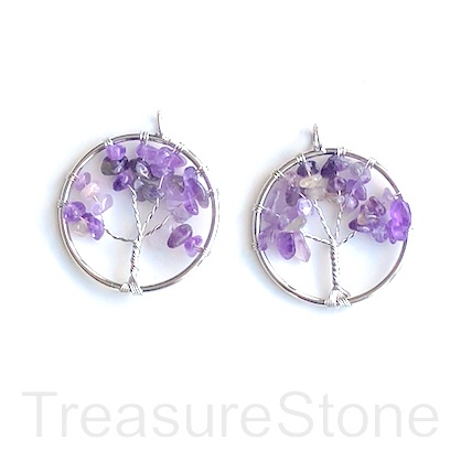 Charm, Pendant, amethyst. 30mm Tree of Life. Pack of 2
