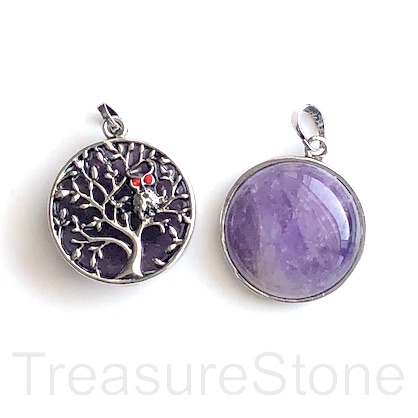 Pendant, amethyst, double side, 27mm Tree of Life, owl. Ea - Click Image to Close