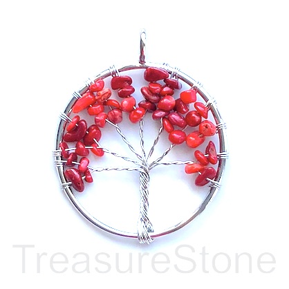 Pendant, dyed coral. 50mm Tree of Life. each.