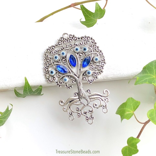Pendant, silver, blue crystals,evil eye,58x90mm tree of life. ea