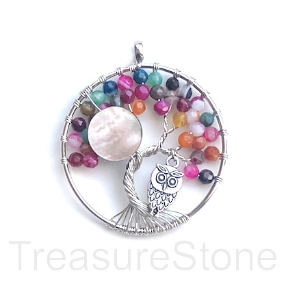 Pendant, mixed color agate(dyed). 47mm Tree of Life with owl. Ea