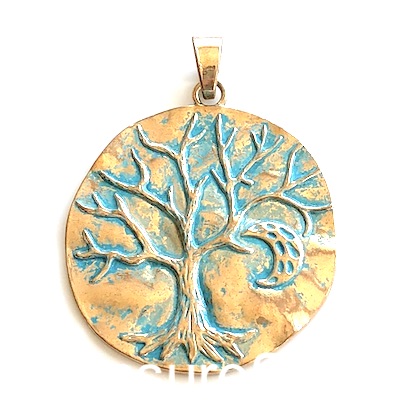 Pendant, patina gold-finished, 65mm tree of life. Each.
