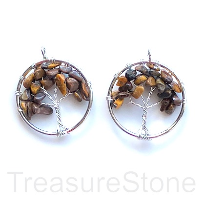 Charm, Pendant, tigers eye. 30mm Tree of Life. Pack of 2