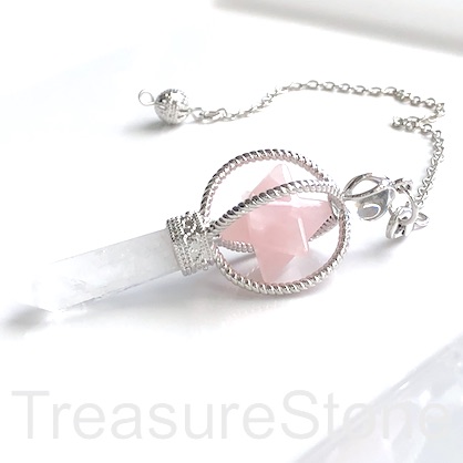 Pendant, pendulum, rose quartz, clear crystal Quartz,28x70mm, ea