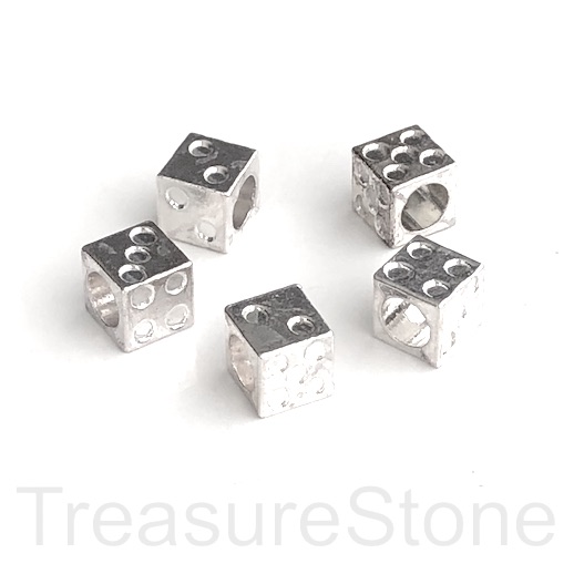 Bead, bright silver, 8mm dice cube, large hole:5.5mm. 7pcs