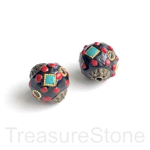 Bead,Tibetan Inlay,handma, black, red coral,turquoise.15mm.ea - Click Image to Close