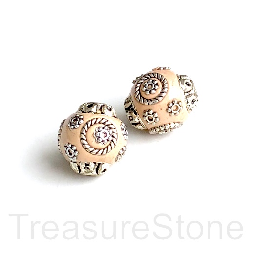 Bead, metal inlay, silver, peach pink. 16mm. Pkg of 2 - Click Image to Close