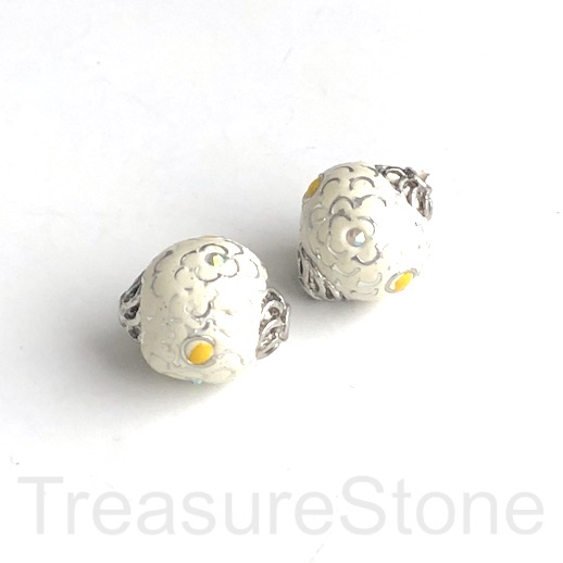 Bead, metal inlay, white, silver, yellow CZ. 15mm. Pkg of 2