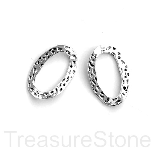 Bead, silver-finished, 18x28mm hammered wavy oval. Pkg of 4.