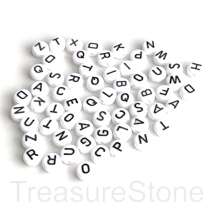 Bead,resin,7mm flat round, white, black alphabet, letters,100pcs