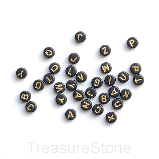 Bead,resin,7mm flat round,black, gold alphabet, letters,100pcs