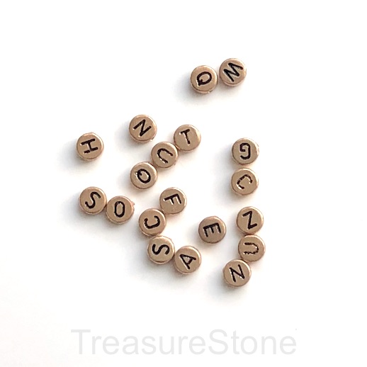 Bead,resin,7mm flat round,rose gold, black alphabet, letters,100