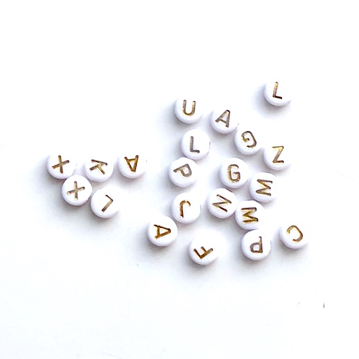 Bead,resin,7mm flat round,white, gold alphabet, letters,100pcs