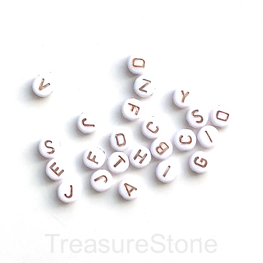 Bead,resin,7mm flat round,white, rose gold alphabet, letters,100