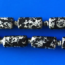 Bead, plated, silver+black, 10x20mm tube. Pkg of 11.