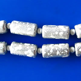 Bead, plated, silver+white, 10x20mm tube. Pkg of 11.