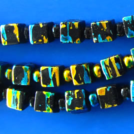 Bead, plated, black+gold, 6mm cube. Pkg of 28.