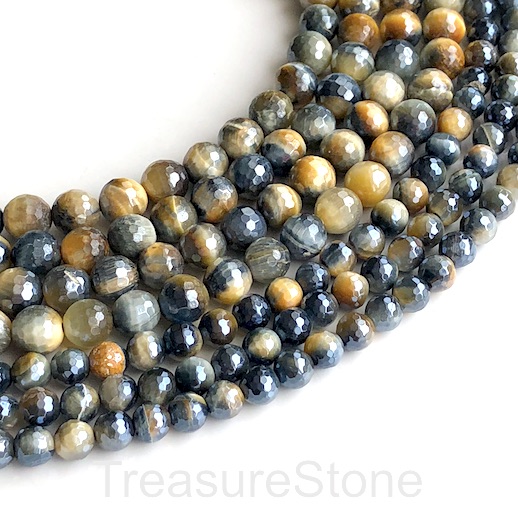 Bead, blue,gold Tiger's Eye,silver plated,8mm faceted round. 15"