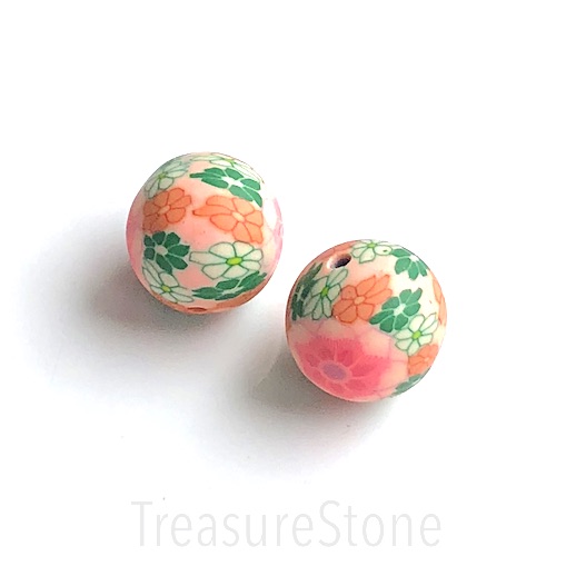 Bead, Polymer Clay, pink, green orange flowers, 19mm round, each