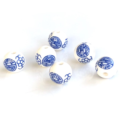 Bead, porcelain, 14mm round, blue chinese fortune. Pkg of 4.