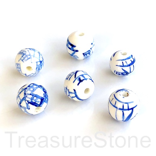 Bead, porcelain, blue painting, 14mm round. 4