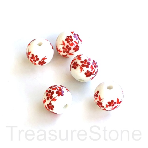 Bead, porcelain, 14mm round, white, red flower, hole:2.5mm. 4pcs