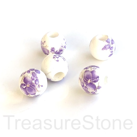 Bead, porcelain, 14mm round, purple flowers,large hole:6mm. 4pcs