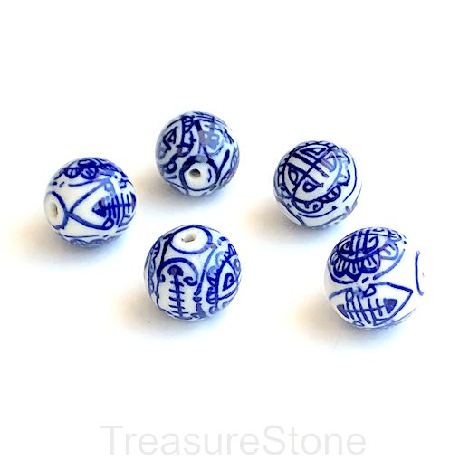 Bead, porcelain, blue chinese pattern, 16mm round. Pkg of 3
