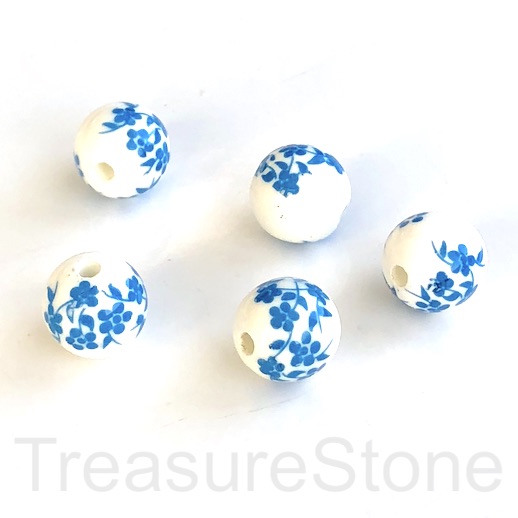Bead, porcelain, 12mm round, tilt blue flowers, hole:2.5mm. 4.