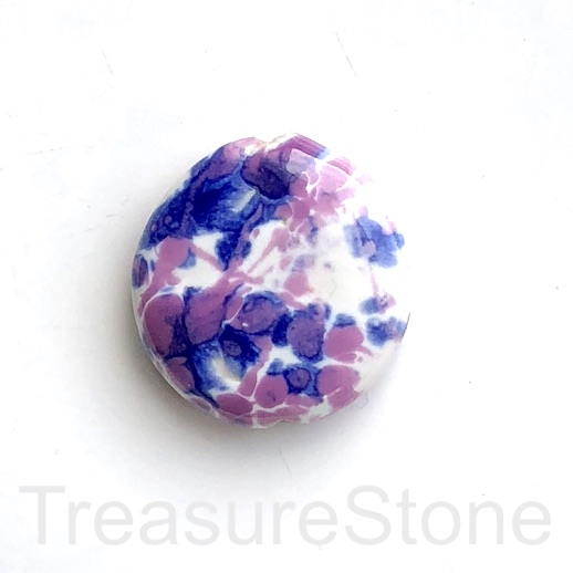 Bead, porcelain, 34mm puffed round, white, blue, purple. Each