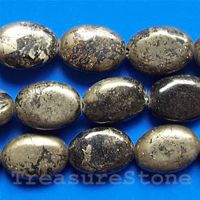 Bead, pyrite, 10x14mm puffed oval. 16-inch strand.