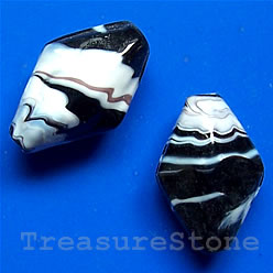 Bead, lampworked glass, black + white, 14x20x10mm. Pkg of 5